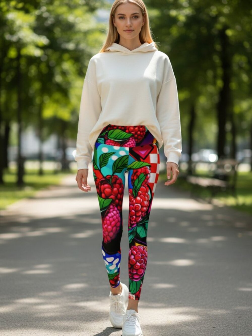 90s Pop Art Raspberry Yoga Leggings | Vibrant Fruits Graffiti Pattern Activewear